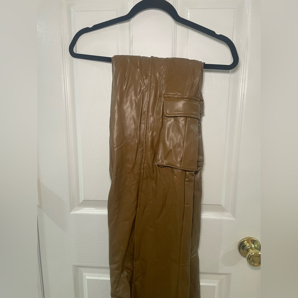 Women Brown Cargo Leather Pants